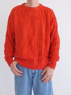 Vintage Knit Impact Red Cable Knit Cotton Fisherman Sweater Made USA Textured XL